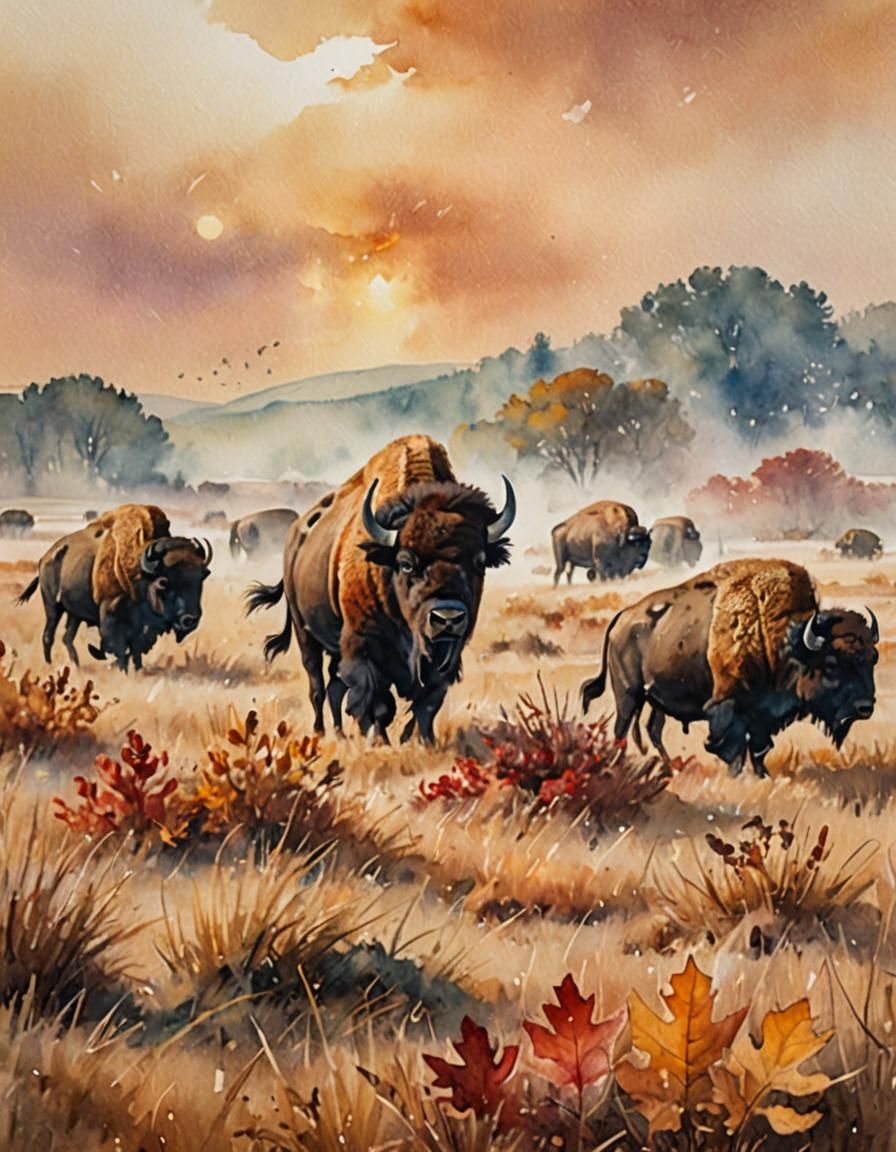 Vibrant Watercolor Buffalo in Autumn Prairie
