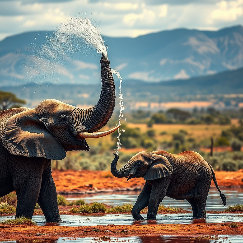 Elephant Sprays Water on Baby: Hyperrealistic Scene