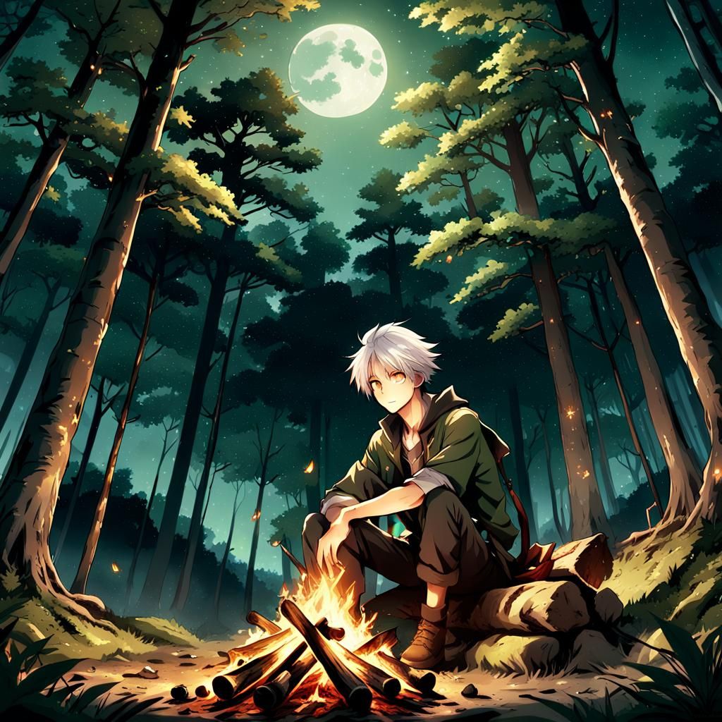 Anime Boy in Magical Forest at Night