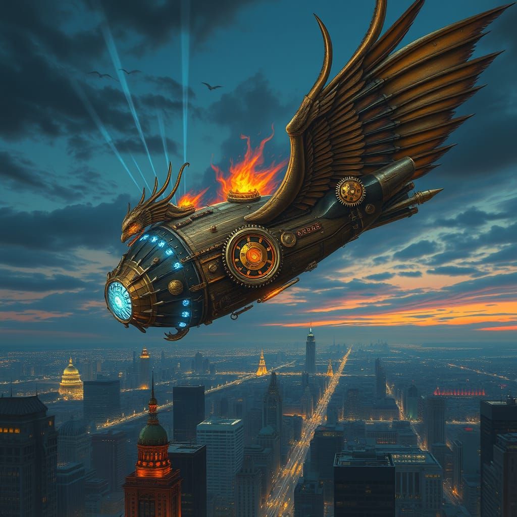 Steampunk Griffin Airship Soaring in Twilight Sky
