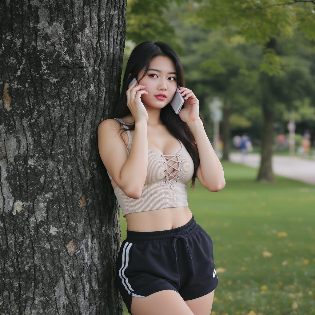 Woman on Phone in Park, Photorealistic Style
