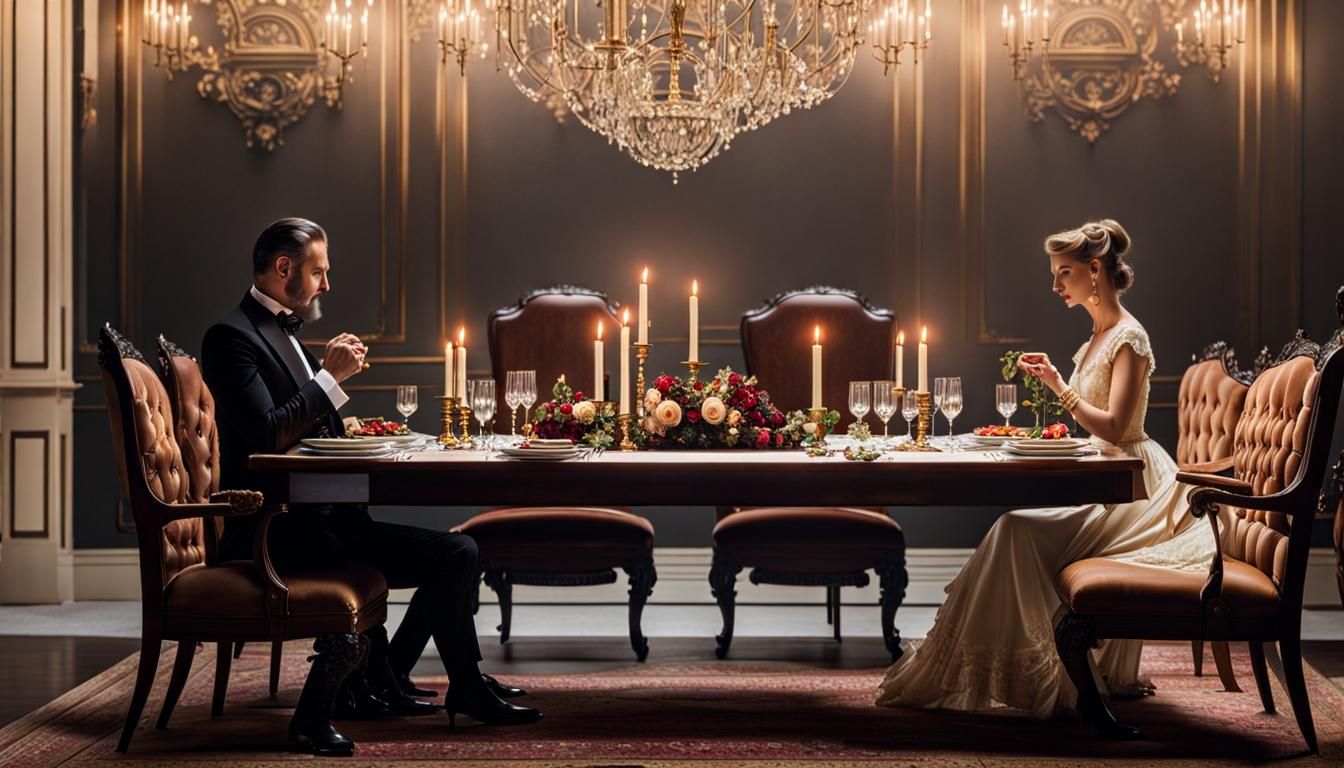 Distant Couple at Victorian Dinner, Hyperdetailed