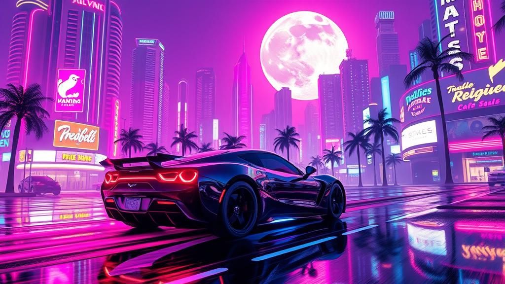 Retro Sports Car Cruises Neon City in Synthwave Style