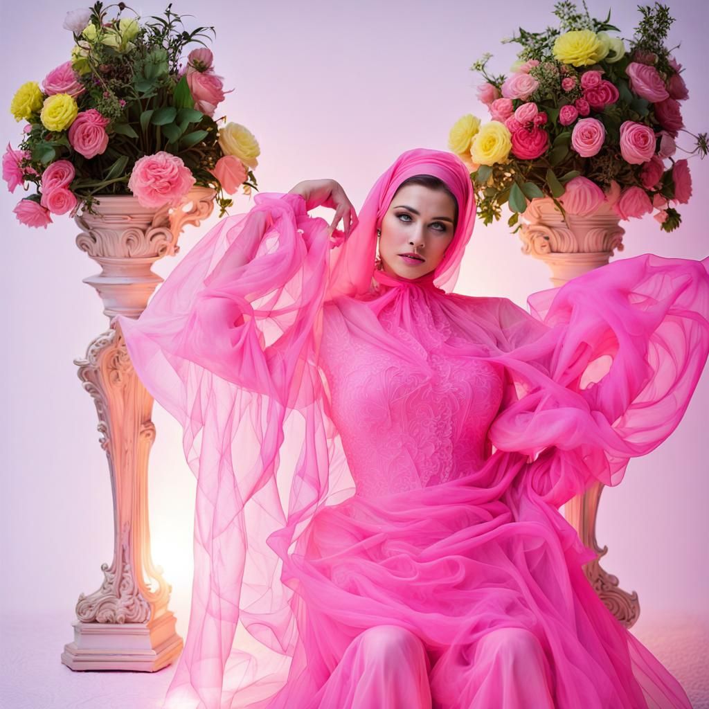 Women's Shining Neon Pink Organza Over Dress Flared Long Sleeves Glamorous Intense Headscarf Headscarves Neon Pink Full ...