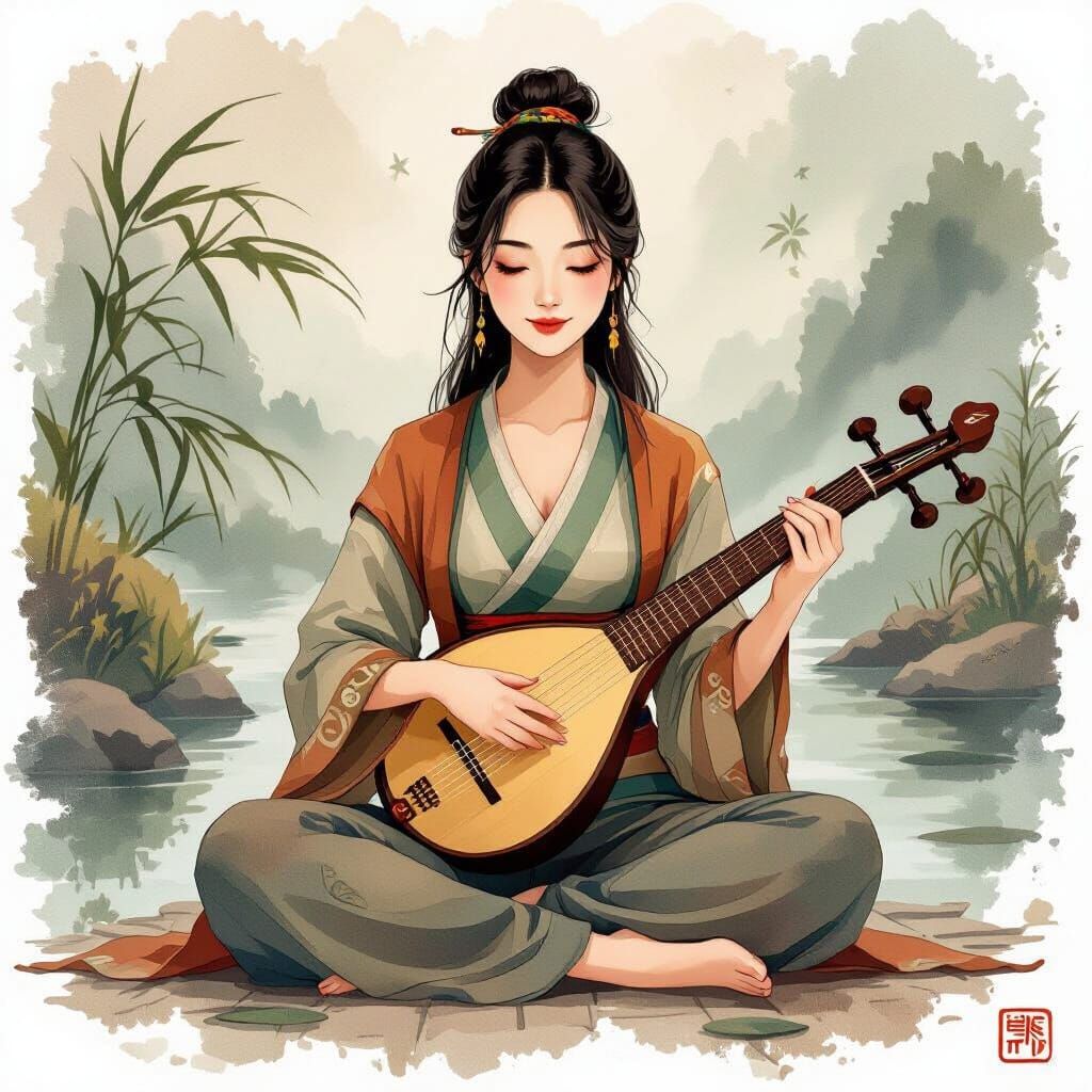 Harmonious Woman in Nature with Chinese Instrument