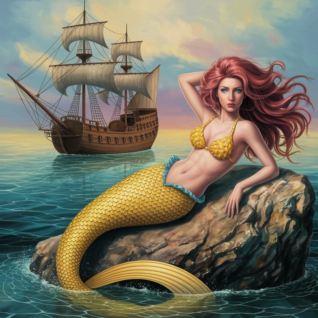 Mermaid on a Rock in Vibrant Matte Painting Style