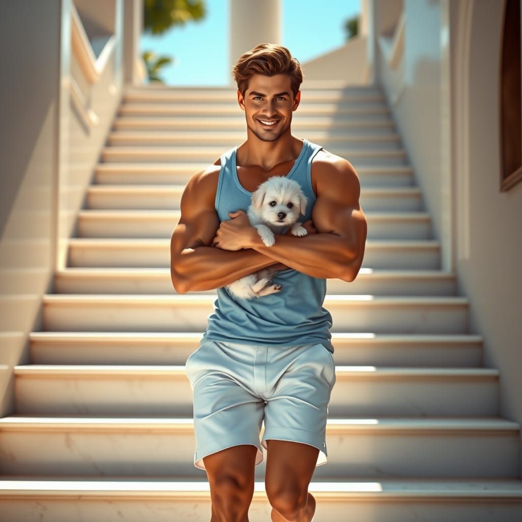Charming Giga Chad Descends Radiant Staircase with Fluffy Co...