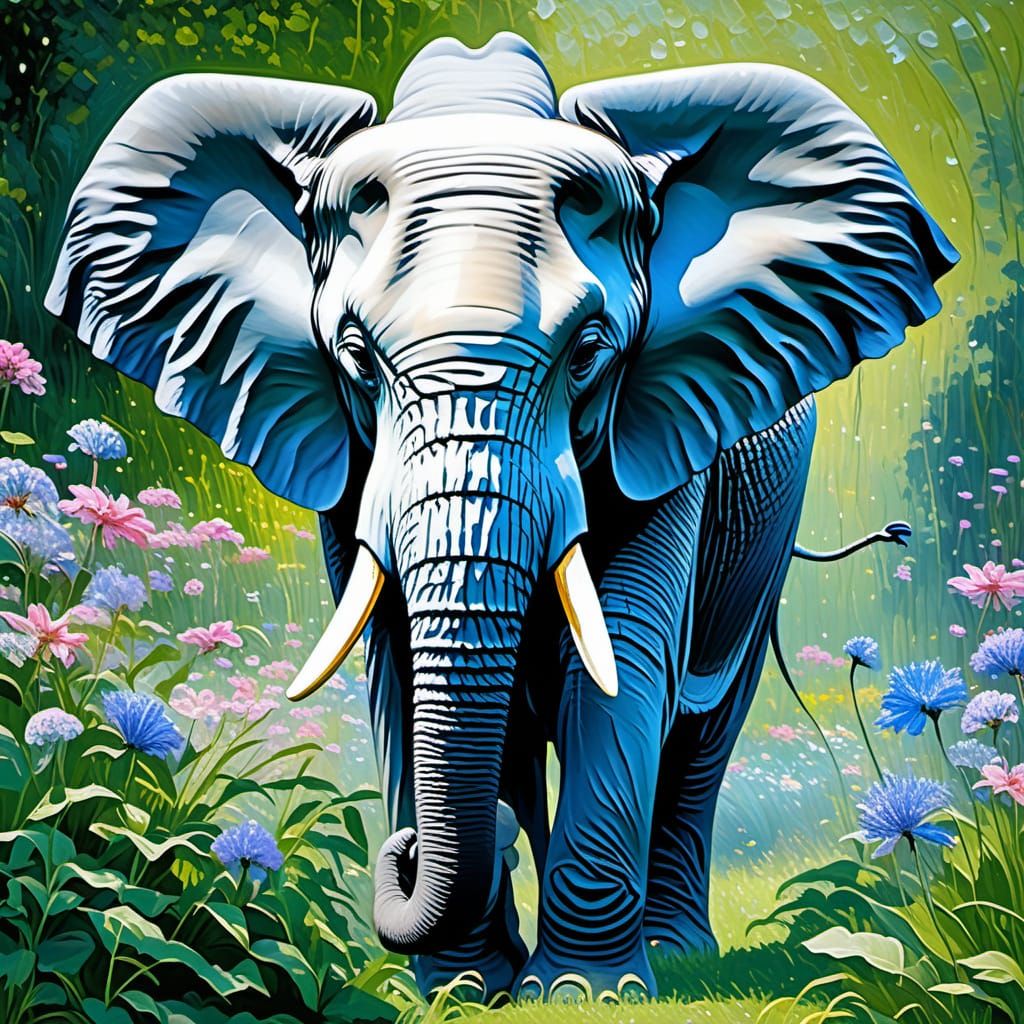 Serene Elephant in Monet Impressionist Garden