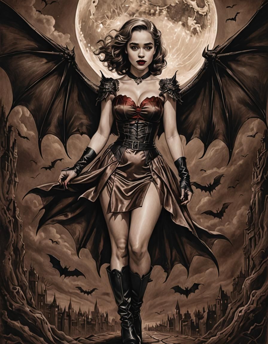 Vampire Pin-Up with Demonic Wings in Charcoal