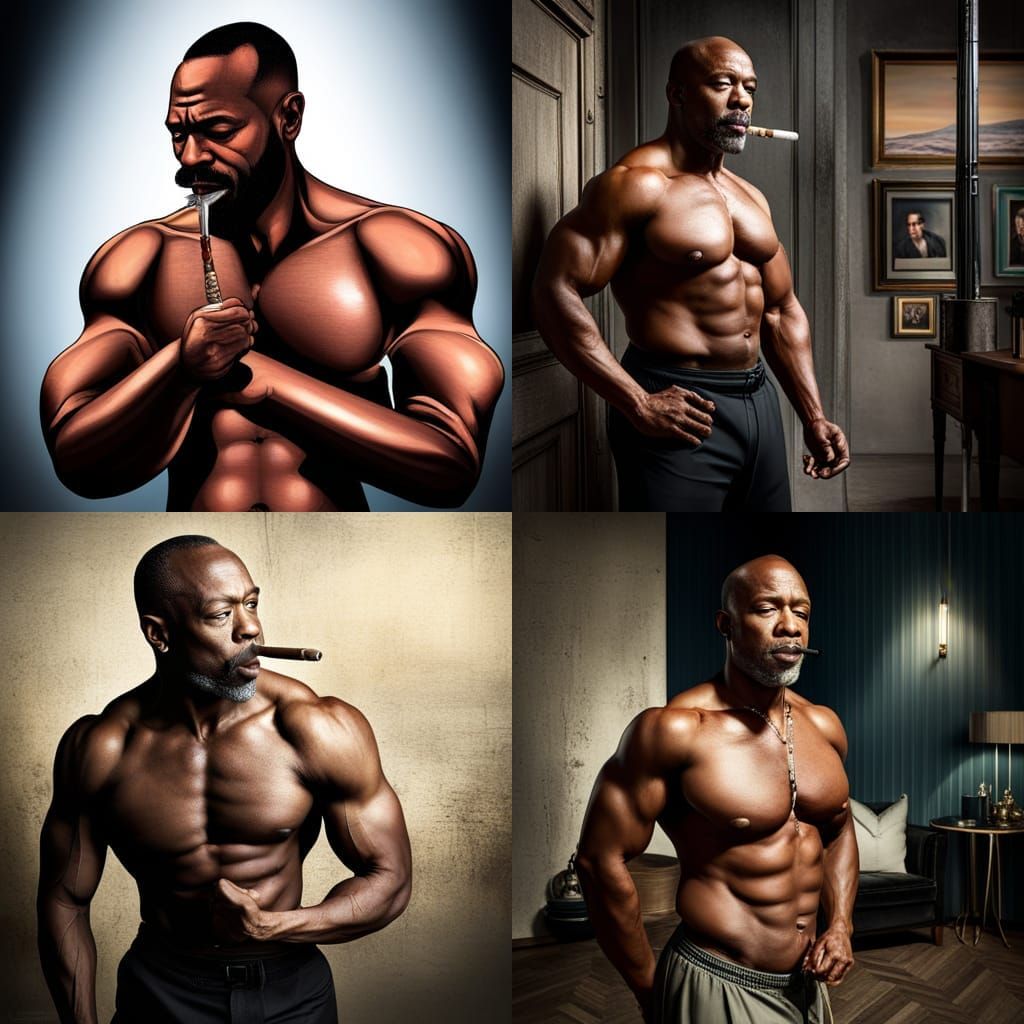 Powerful Bodybuilder Flexing with Cigar, Detailed Digital Ar...