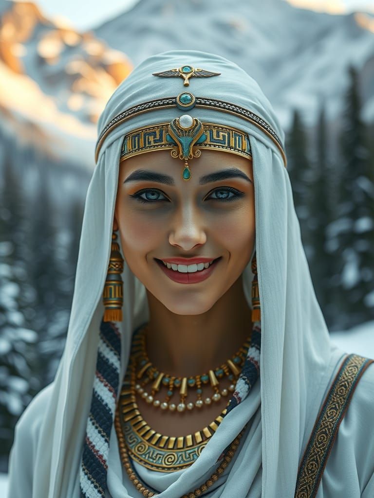 Egyptian Queen in Winter Forest, Hyperrealistic Rendering