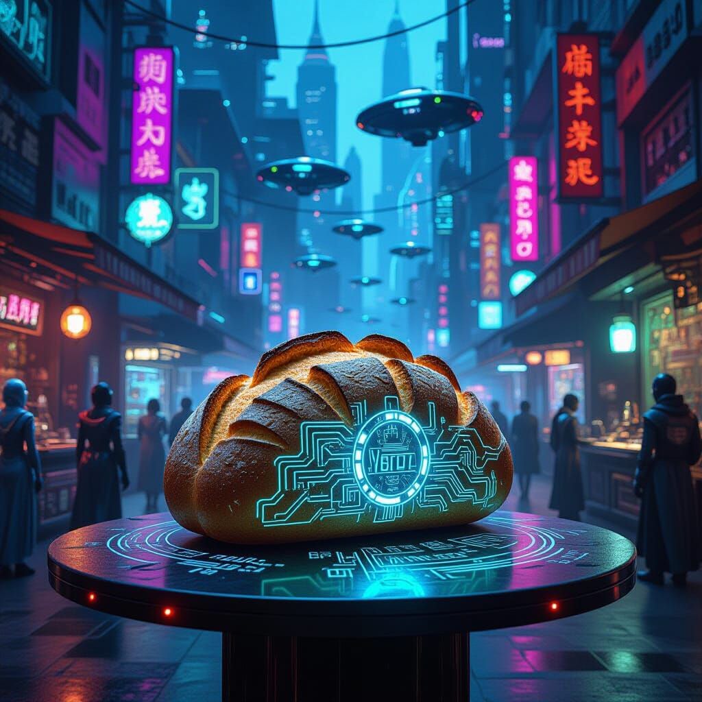 Regal Bread with Circuits in Cyberpunk Market