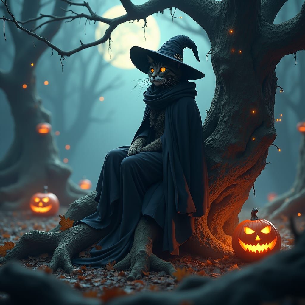 Enchanted Cat Witch in Mystical Forest