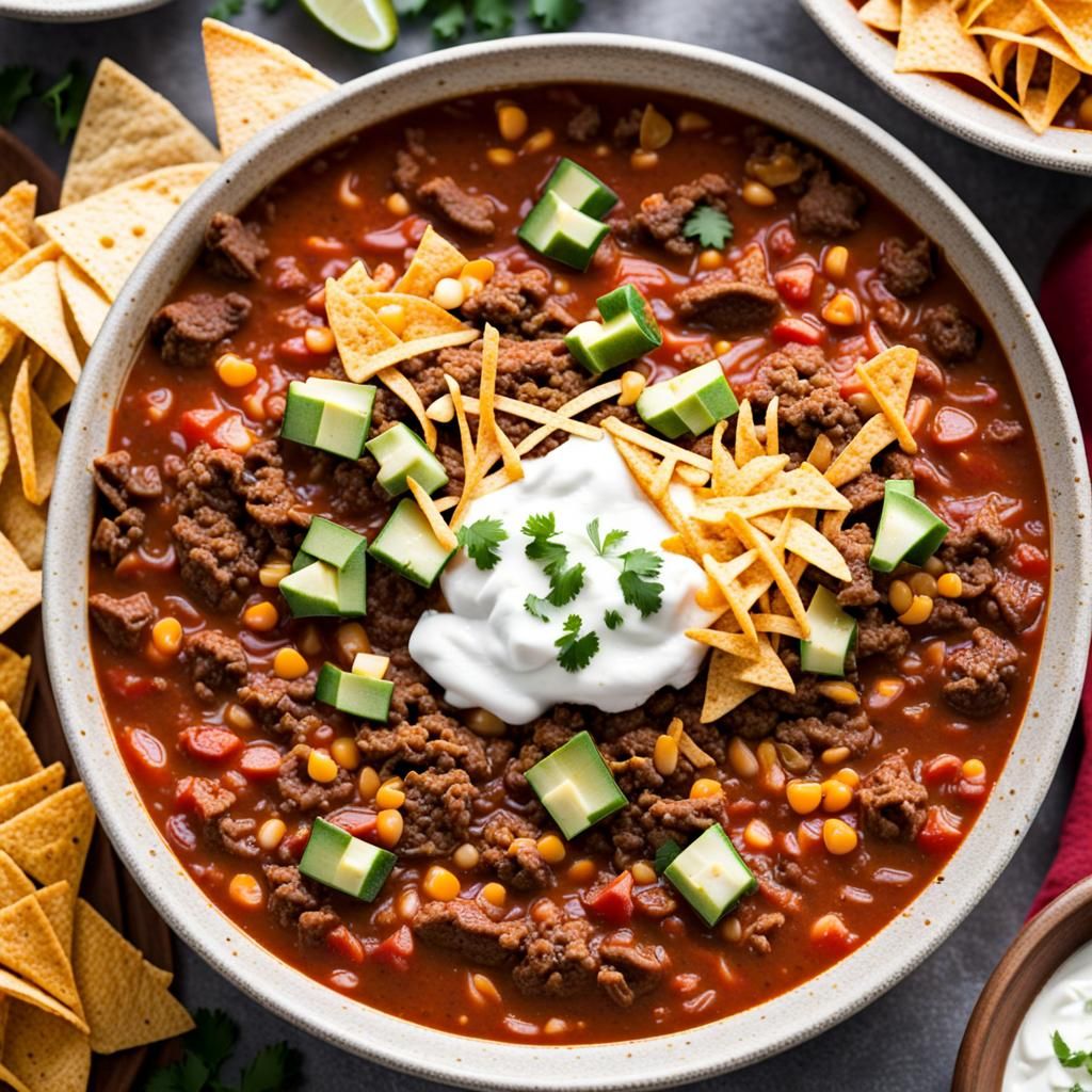 Delicious Beef Taco Soup Bowl with Toppings