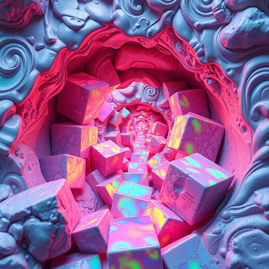 Dreamlike Sculpture of Iridescent Rocks in a Swirling Vortex