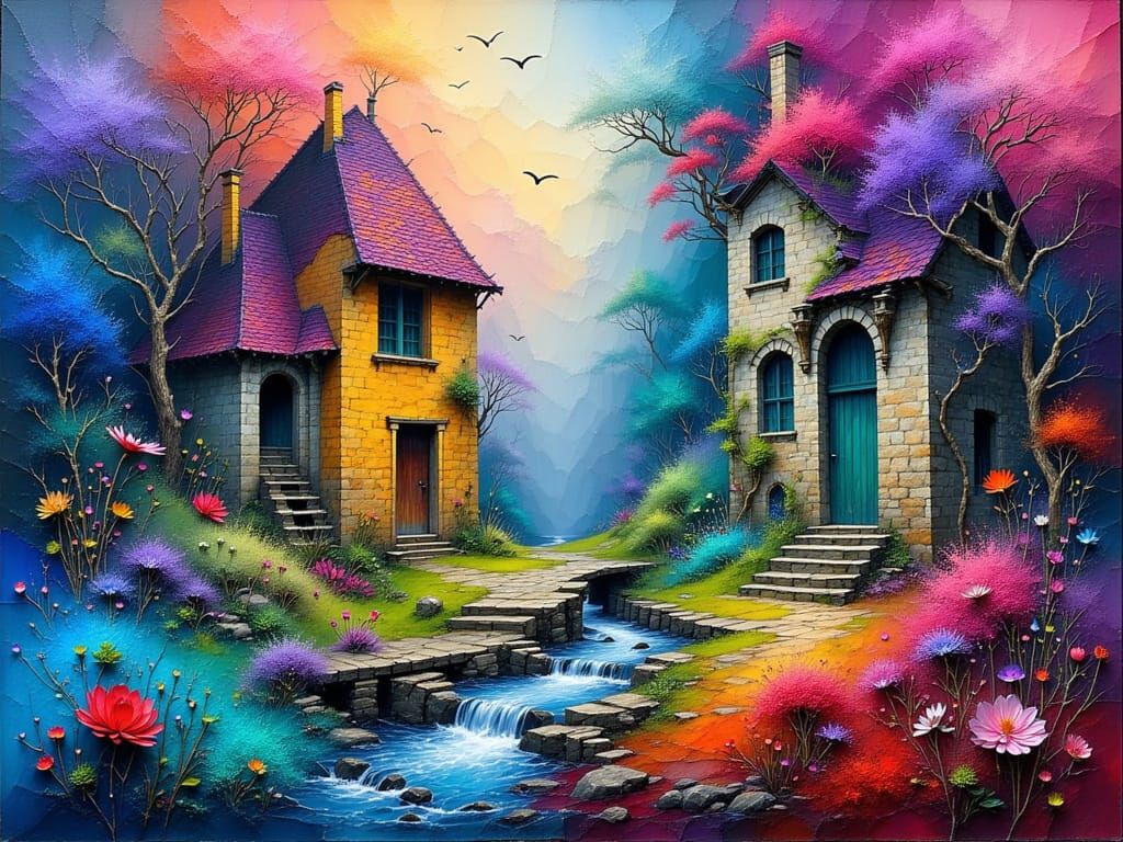 Ancient Brick Houses by Shimmering Stream