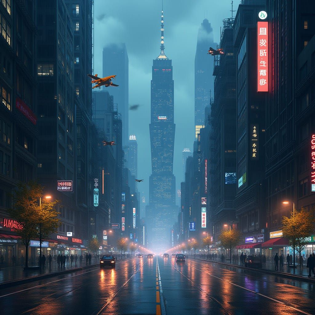 Cyberpunk Cityscape at Night with Neon Reflections