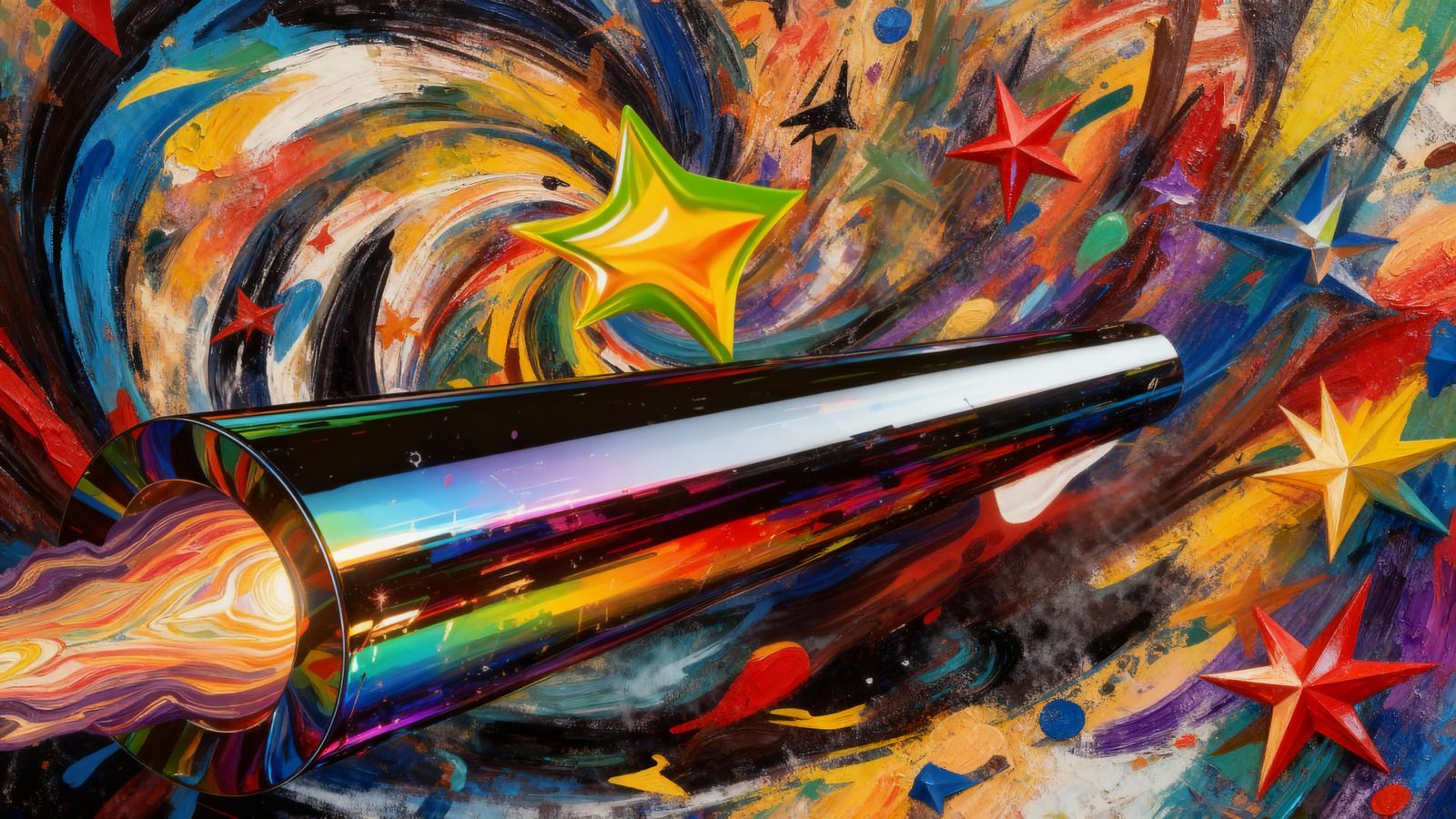 Sleek Rainbow Cylinder With Fiery Vortex Exhaust