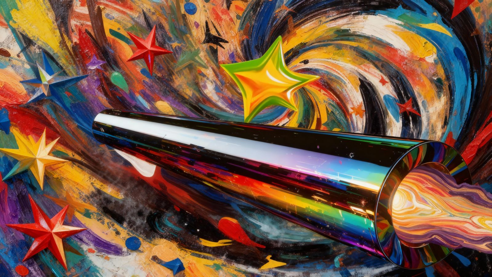 Sleek Rainbow Cylinder with Fiery Vortex and Impasto Paint