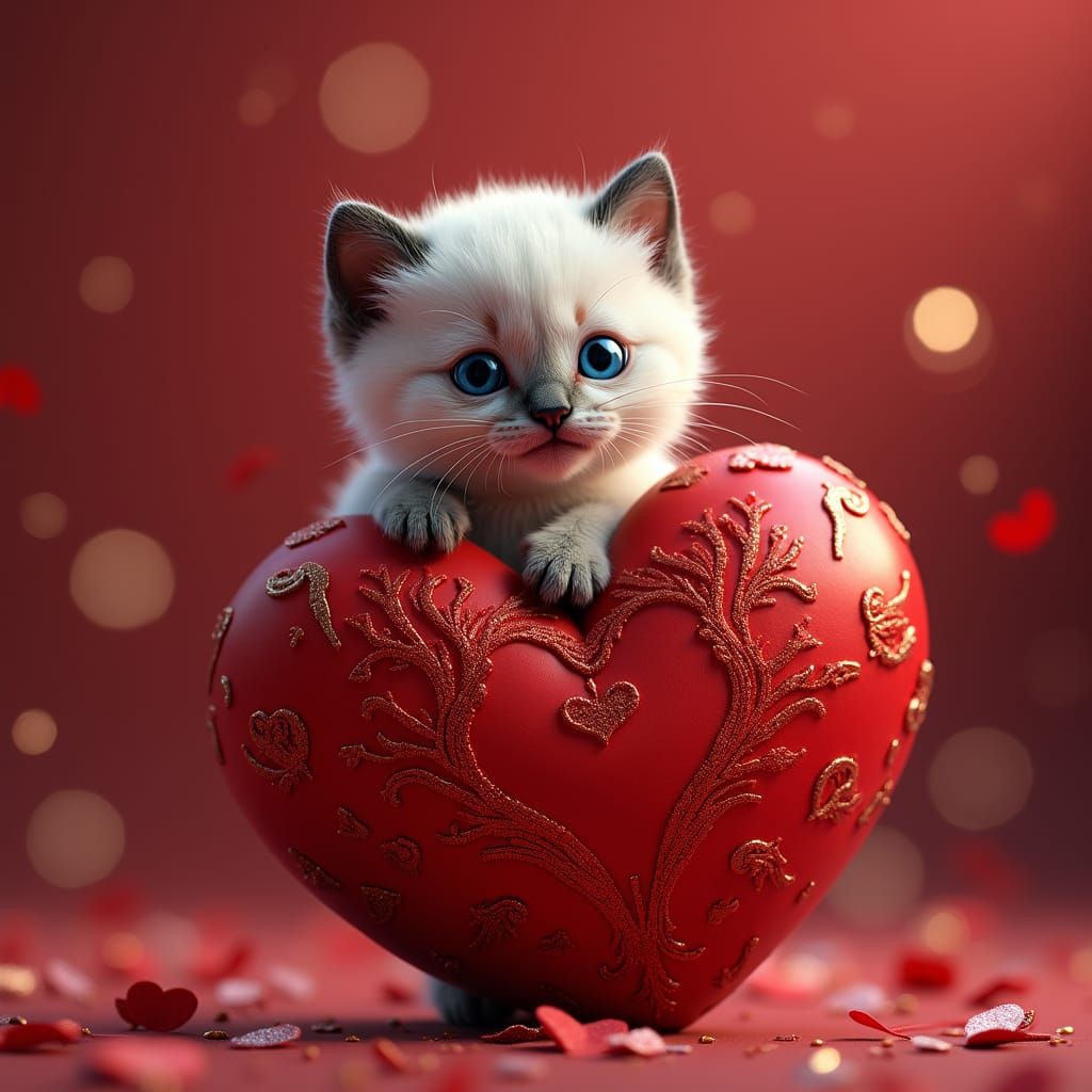 Siamese Kitten Peeks from Glittering Heart, Dreamlike Art