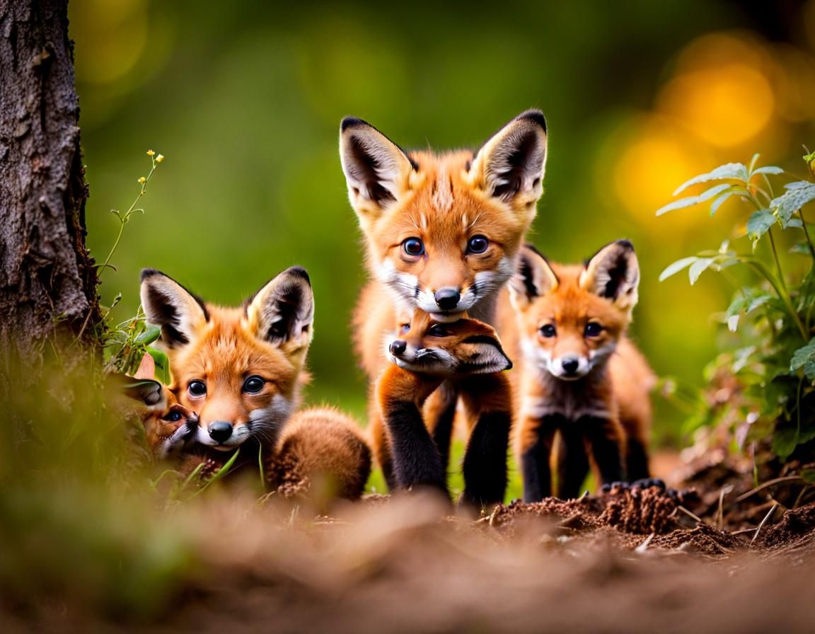 Fox Cubs Playing in Autumn Forest