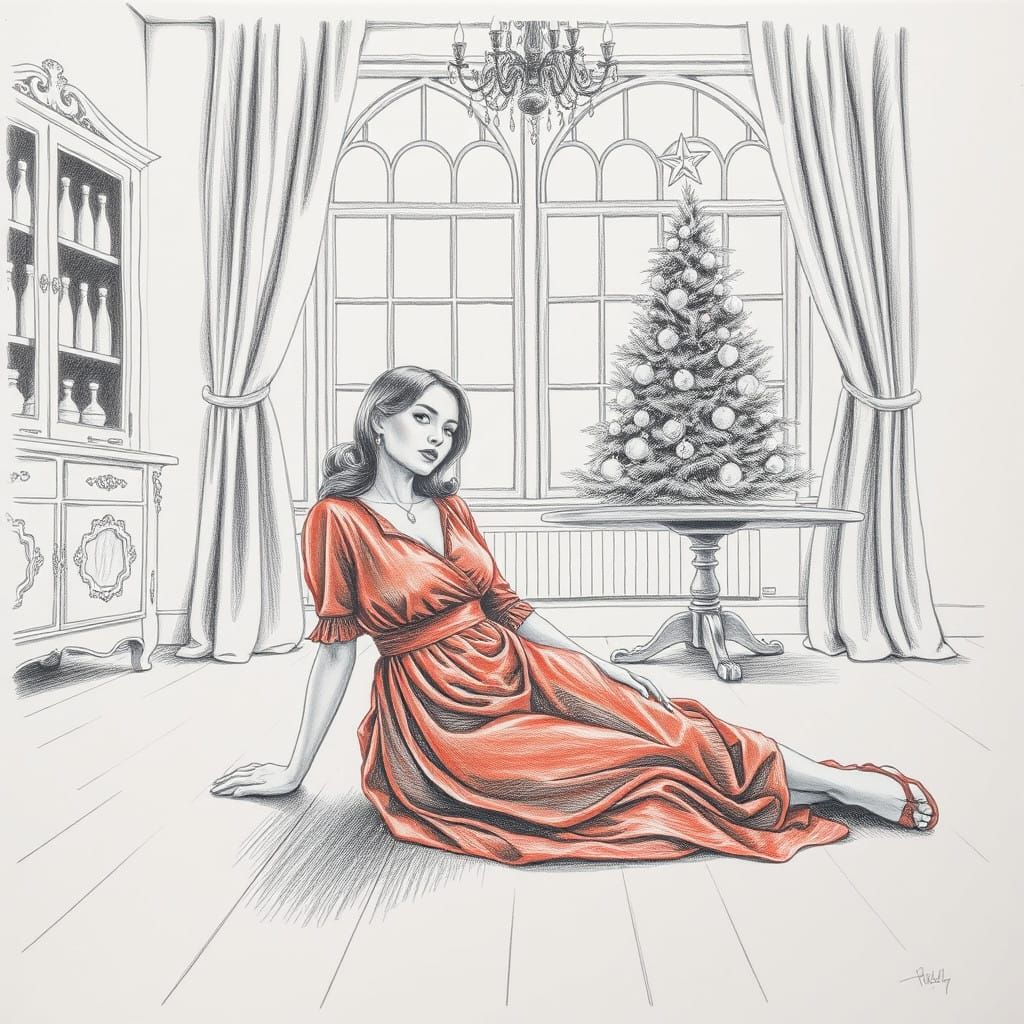 Modest Woman in Scarlet Dress Amid Winter Scene