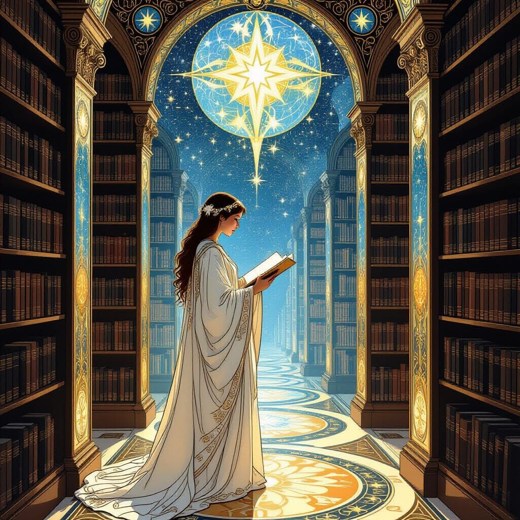 Celestial Librarian Catalogs Cosmic Knowledge in Art Nouveau...