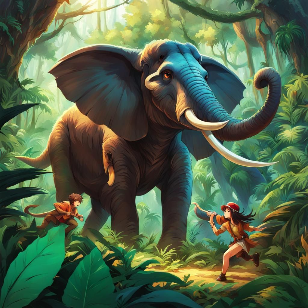 Raptor and Mammoth Clash in Anime Jungle