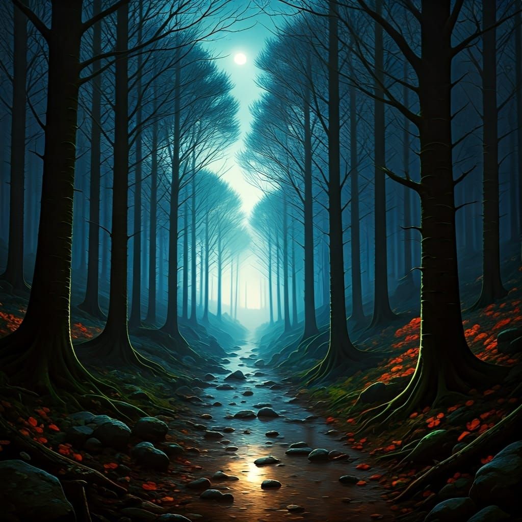 Misty Moonlit Forest in Romantic Style