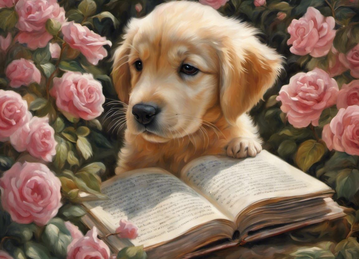 Chibi Golden Retriever Puppy in Lush Secret Garden