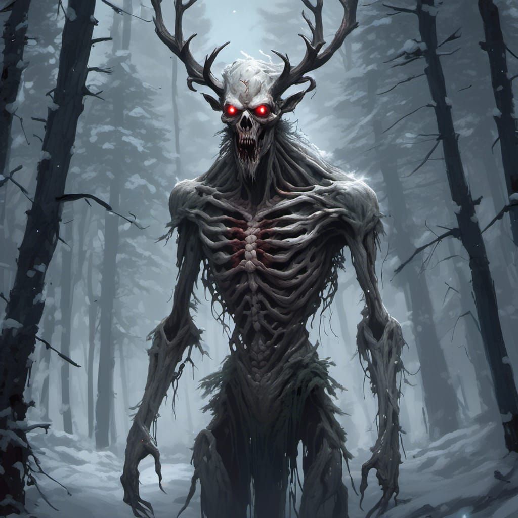 Horrific Wendigo in Snowy Forest, Detailed Portrait
