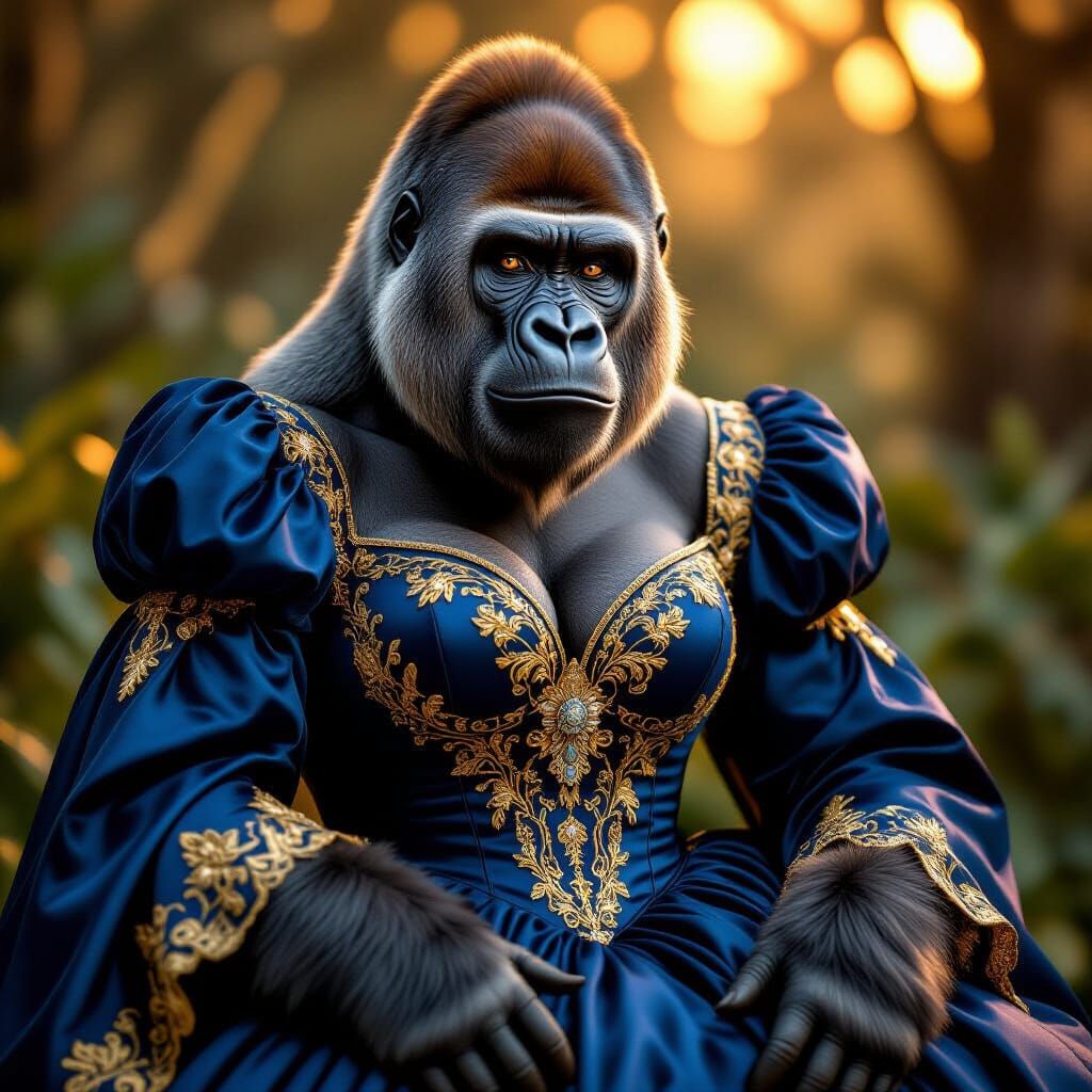 Majestic Gorilla in Ornate Sapphire Blue Gown