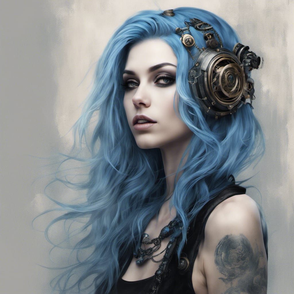Enchanting Steampunk Girl Portrait with Blue Hair