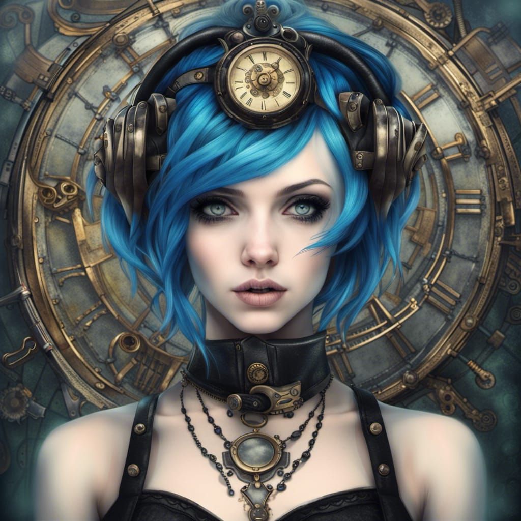 Enchanting Steampunk Girl Portrait with Blue Hair