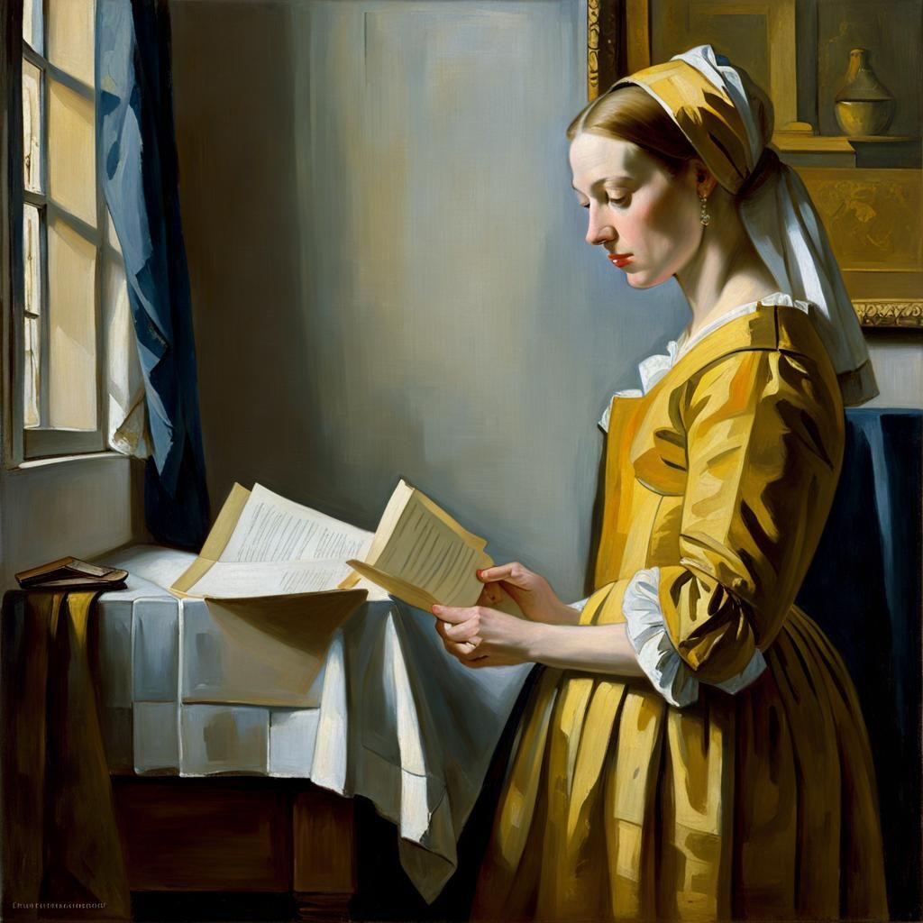 Art by Johannes Vermeer, a serene portrait of a woman reading a letter by a window, soft natural light illuminating her ...
