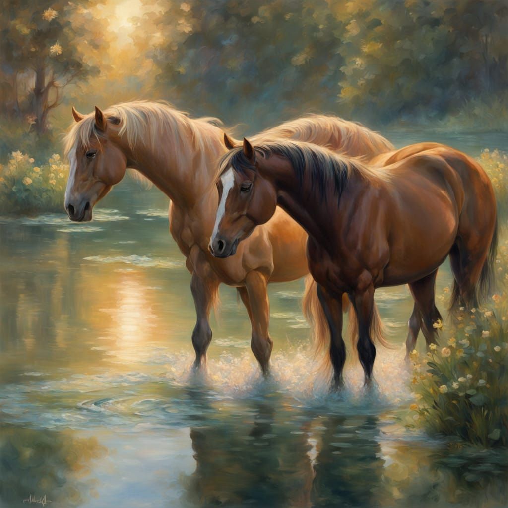 Surreal Horses in Serene Impressionist Landscape