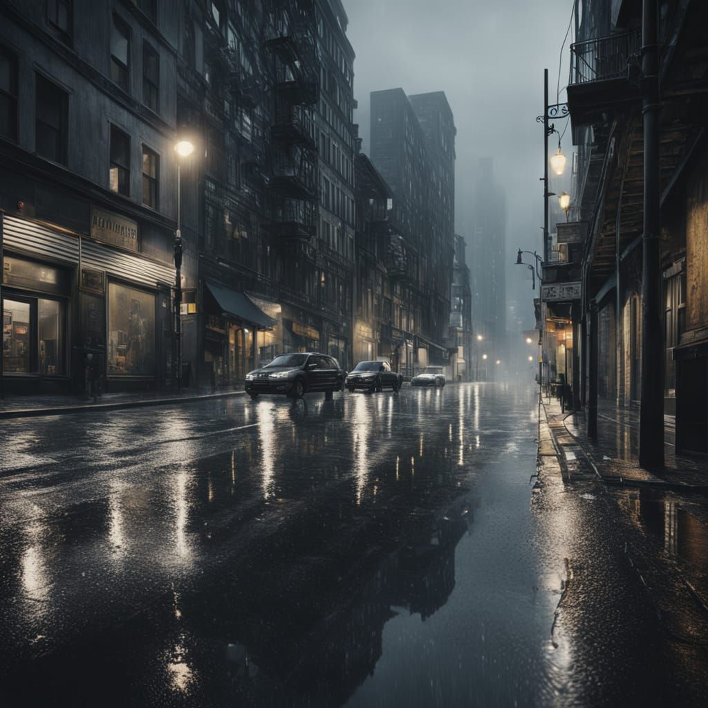 Rainy Cityscape with Moody Atmospheric Lighting
