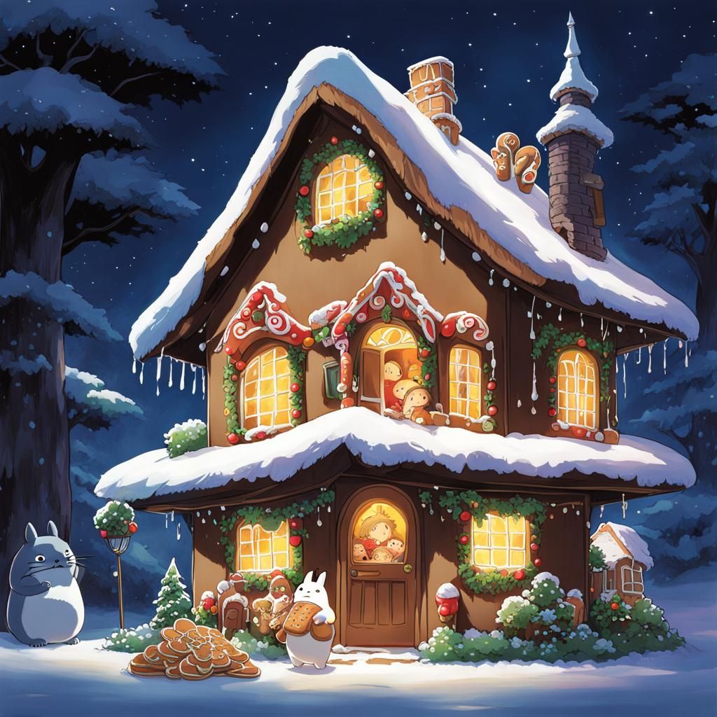 Totoro Eats Gingerbread House in Anime Style