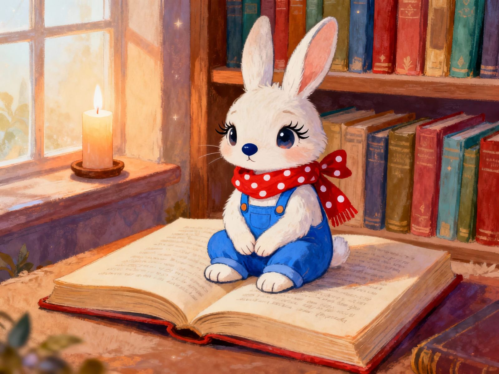 Whimsical Rabbit Reading in a Cozy Library