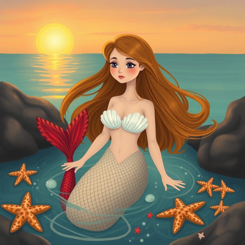 Whimsical Sunset Mermaid in Serene Cove