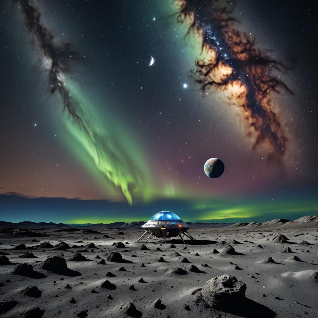 Hyperrealistic Alien Spaceship on Moon with Northern Lights