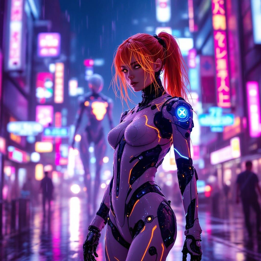 Asuka Langley Cyberpunk Redesign in Neon Tokyo