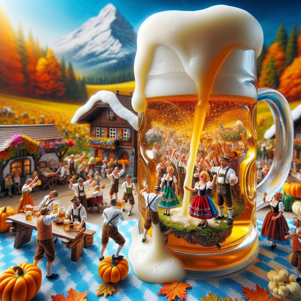 Oktoberfest Miniature Scene in Beer Mug, Hyperrealistic