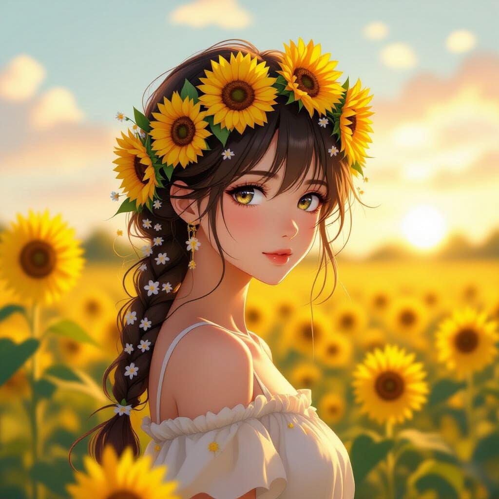 Anime Girl in Sunflowers with Golden Hour Glow