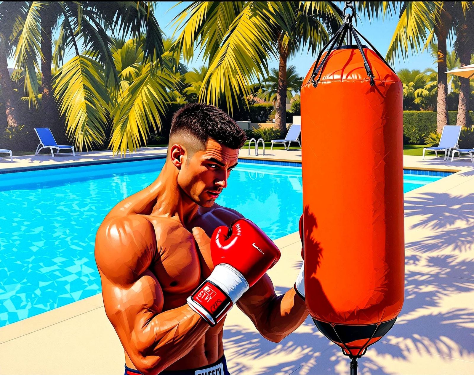 Boxer Training Poolside in Hockney Style