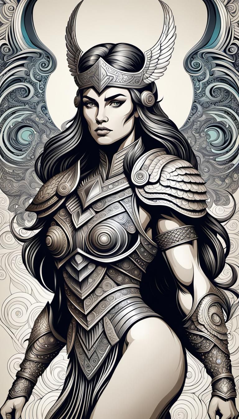 Retro Valkyrie Warrior Woman Portrait with Fractals