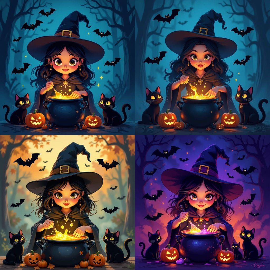 Cute Halloween Witch Brewing Potion with Bats and Black Cats