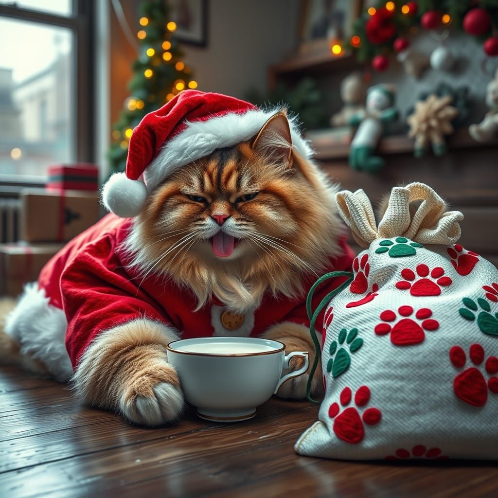Fat Santa Cat Enjoys Milk in NYC Apartment