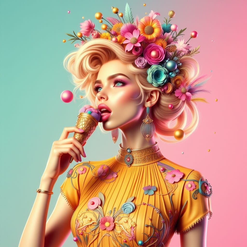 Blonde Woman Licking Ice Cream in Art Nouveau Style