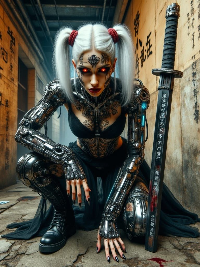 Cyberpunk Android with Katana in CyberGothica Style